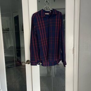 Burberry Navy Blue and Red Plaid Button-Down Shirt